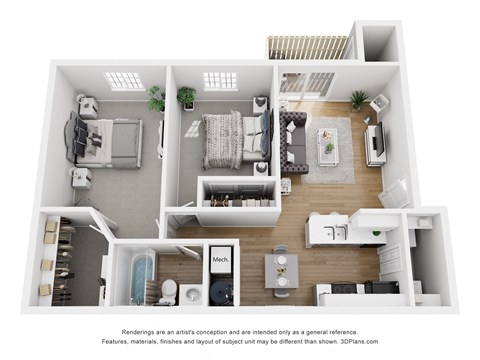 Floor plan for 2 beds, 1 bath, 858 sqft